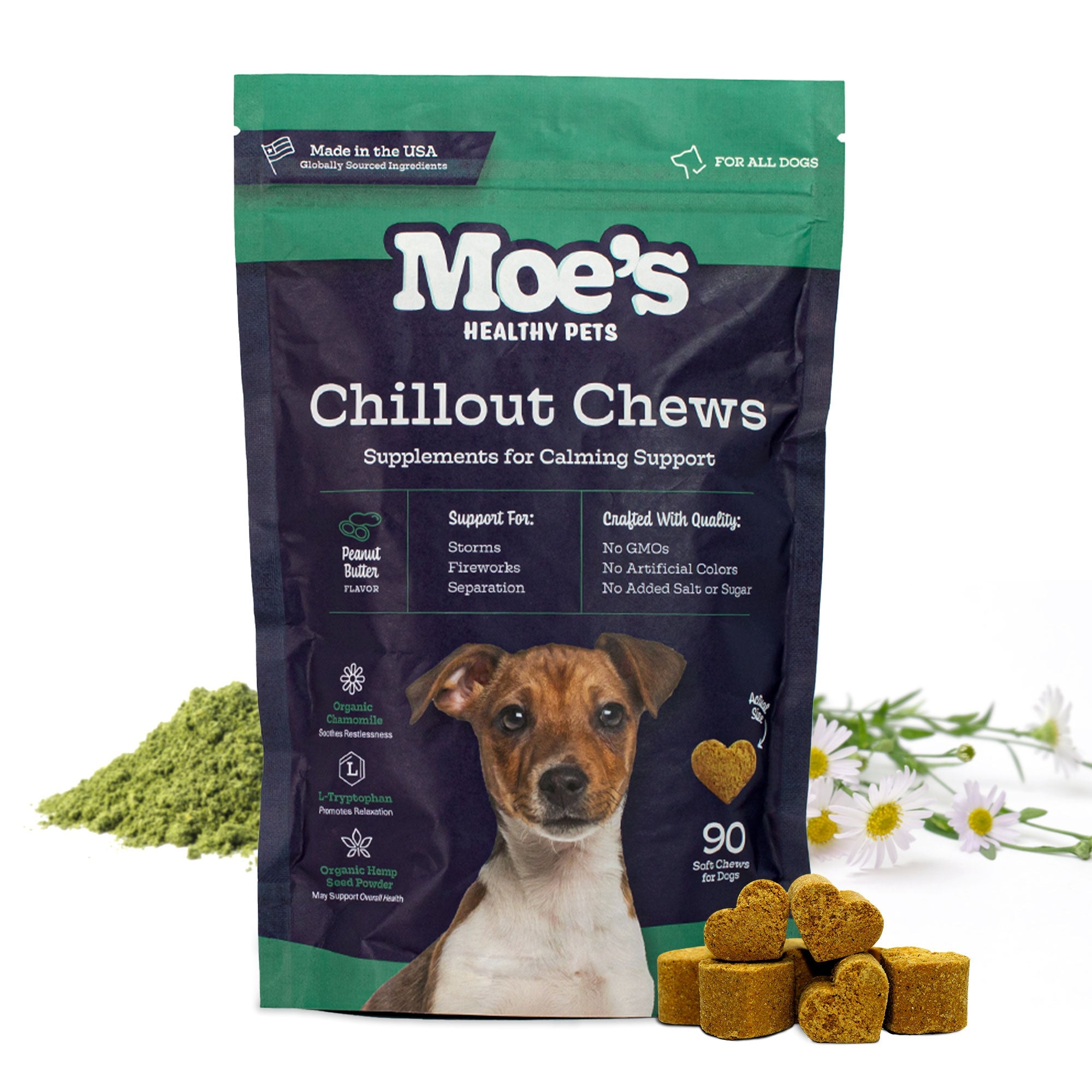 Moe's Chillout Calming Soft Chews for Dogs | Hemp, Chamomile & L-Theanine | Peanut Butter | 90 Chews
