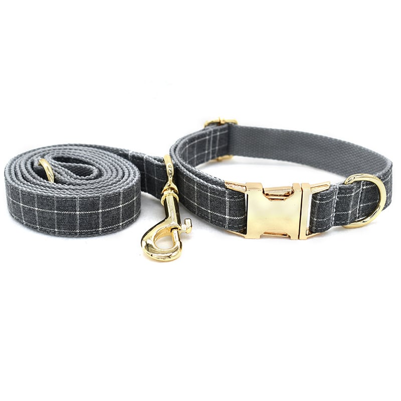 Grey Plaid Dog Collar Set | Collar, Leash & Bow Options | XS–XL | Golden Metal Detail