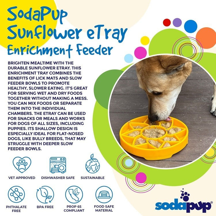 SodaPup Sunflower eTray | Shallow Slow Feeder & Lick Mat | Made in USA | Flat-Face Friendly