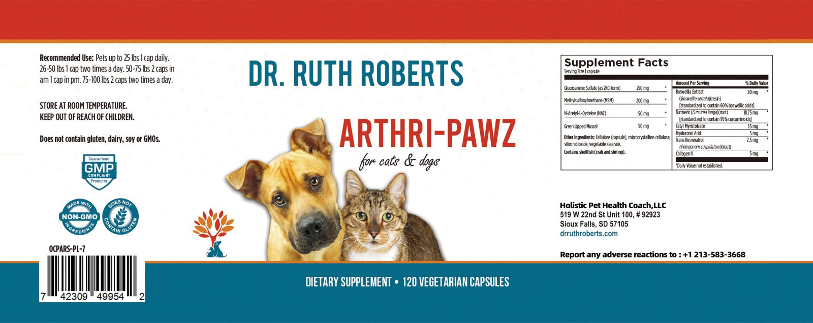 Arthri-Pawz Joint Support for Dogs & Cats | Glucosamine, MSM, Green-Lipped Mussel & Boswellia | 120 Capsules