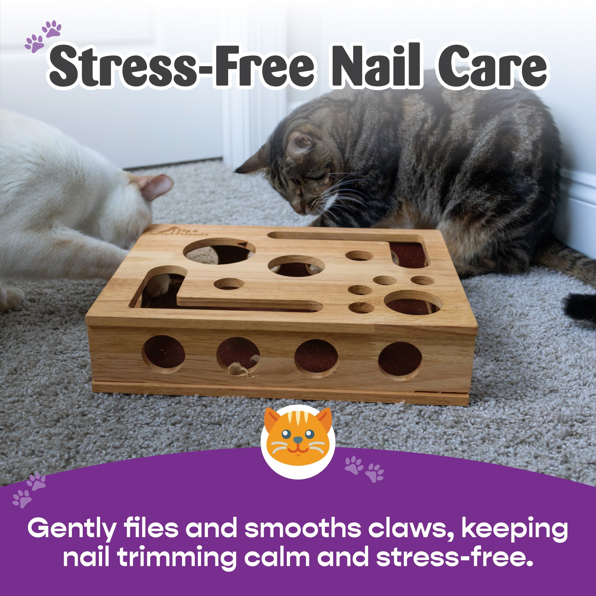 Original Cat Nail File Enrichment Box | Cat-Safe Oak Wood | Patented | Nail Care Through Play