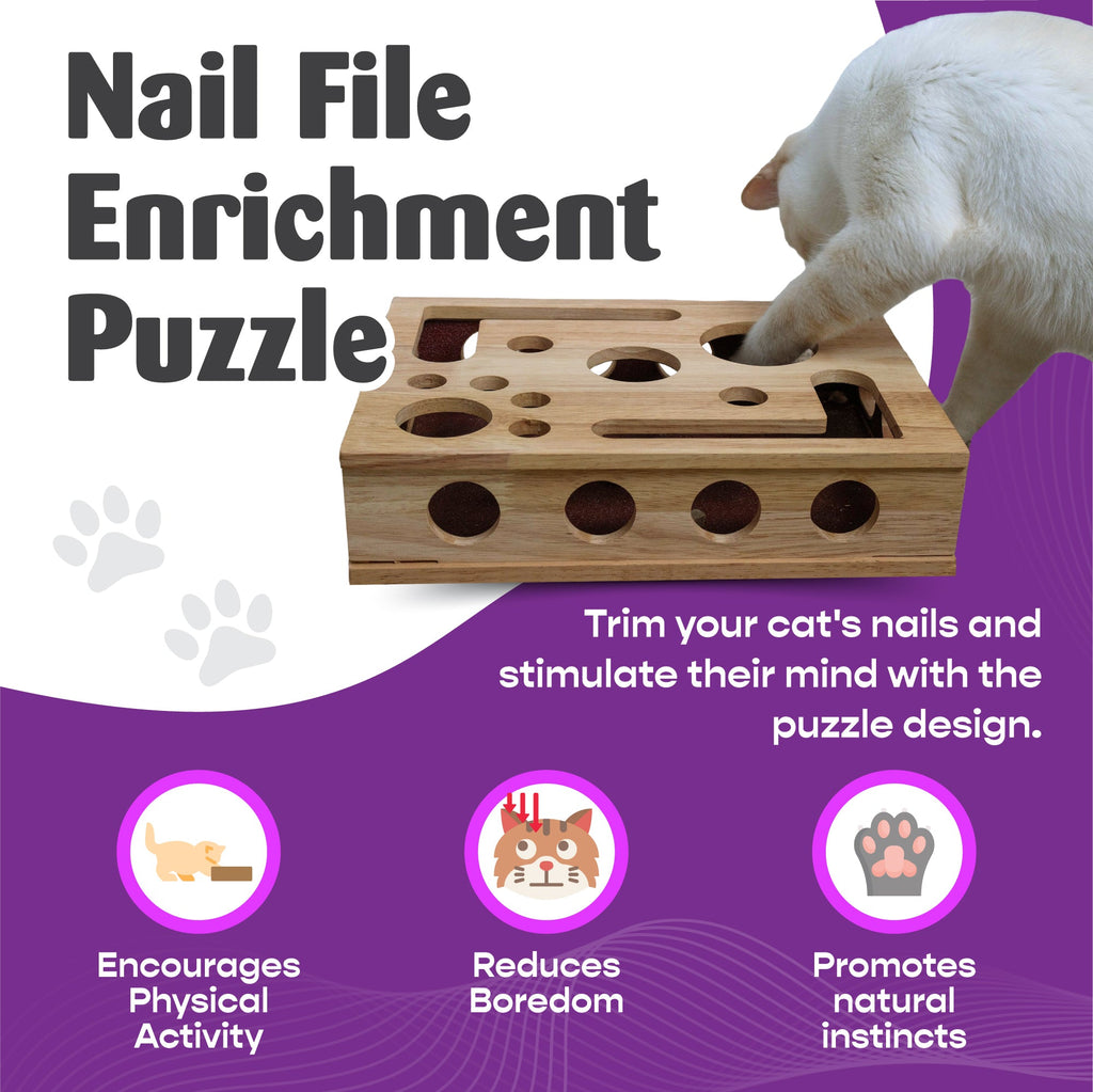 Original Cat Nail File Enrichment Box | Cat-Safe Oak Wood | Patented | Nail Care Through Play