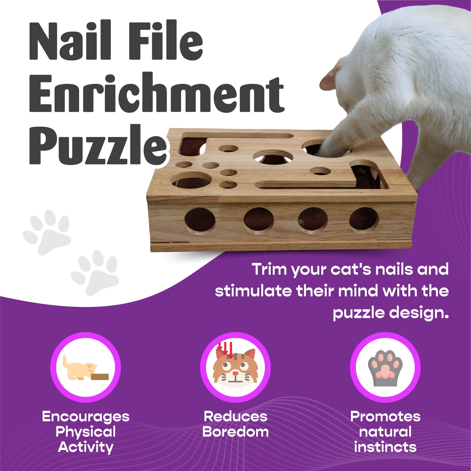 Original Cat Nail File Enrichment Box | Cat-Safe Oak Wood | Patented | Nail Care Through Play