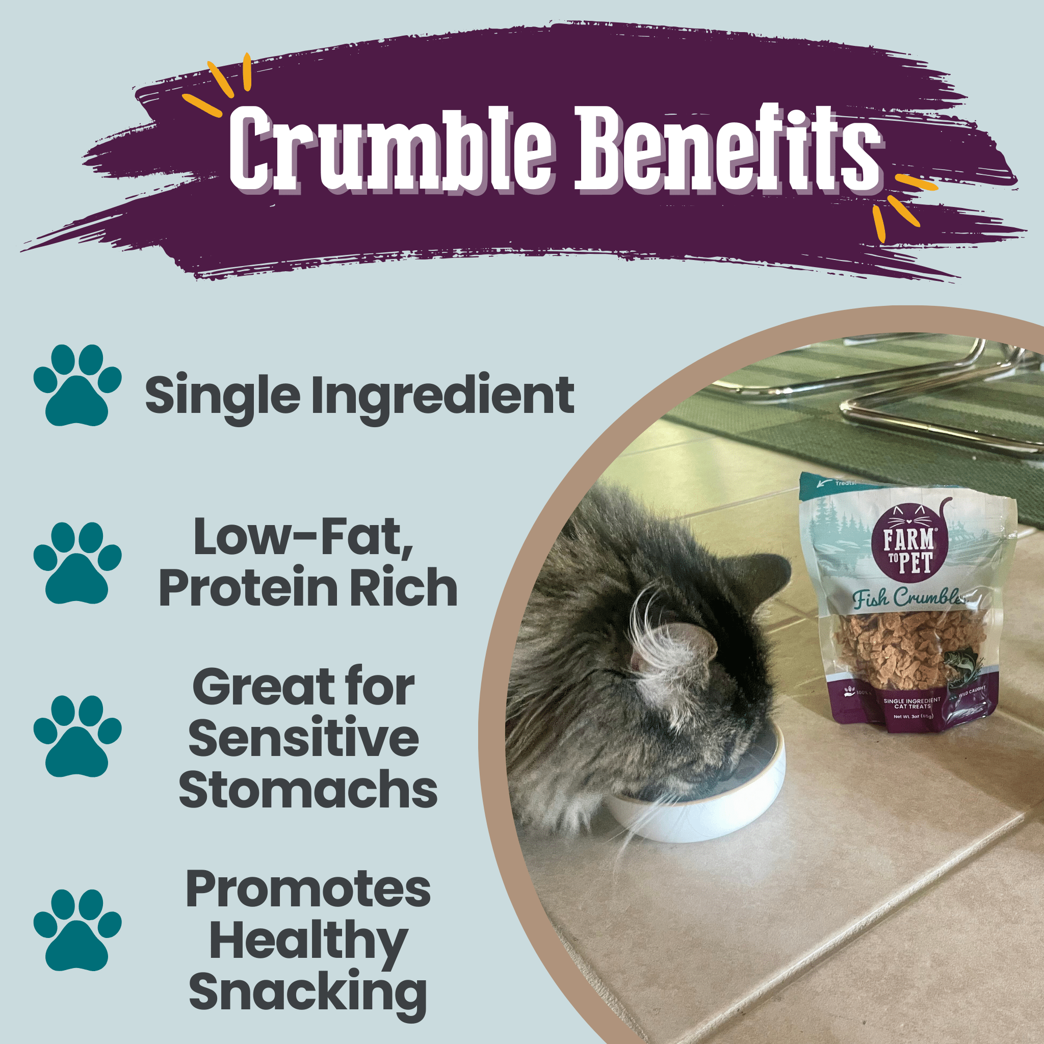 Farm to Pet Fish Crumbles Cat Treats | Wild-Caught Lake Erie Walleye | Single Ingredient | Made in USA