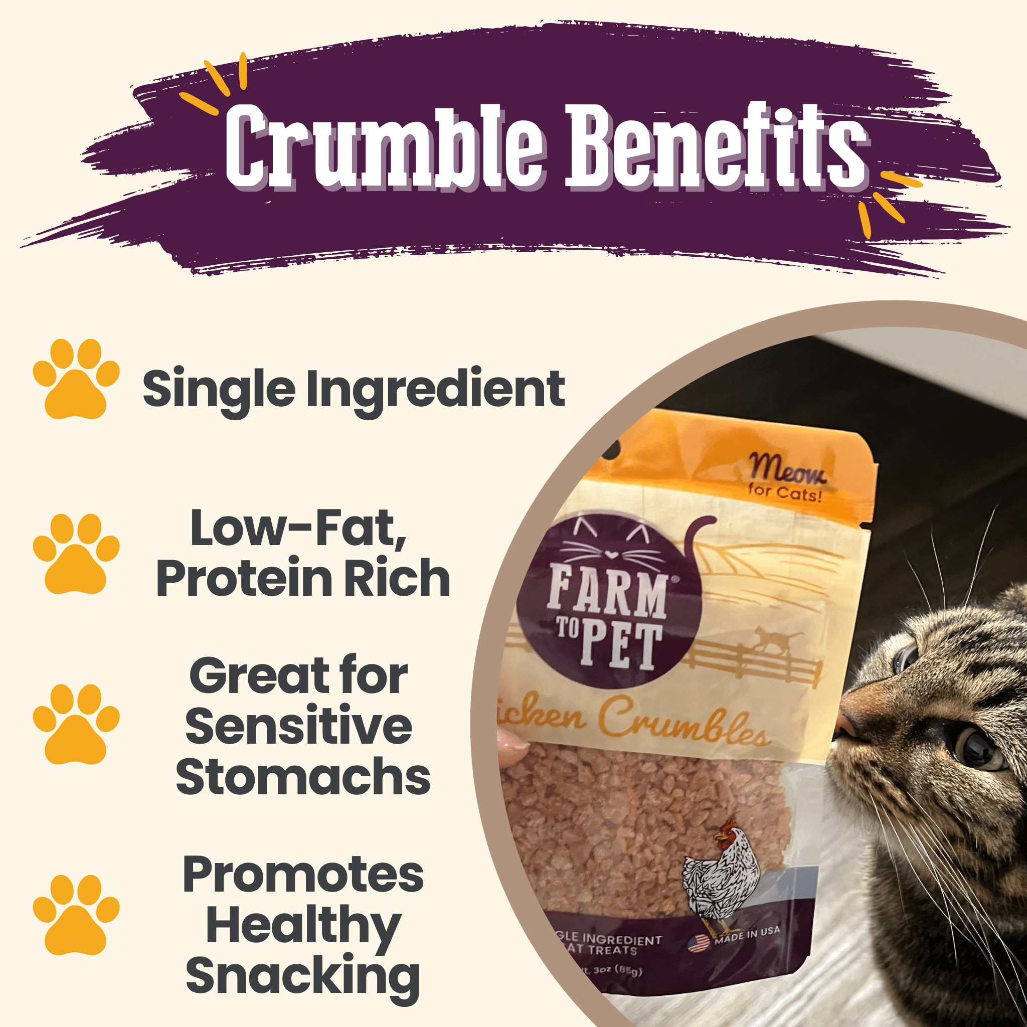 Farm to Pet Chicken Crumbles Cat Treats | Single Ingredient | Human-Grade | Made in USA