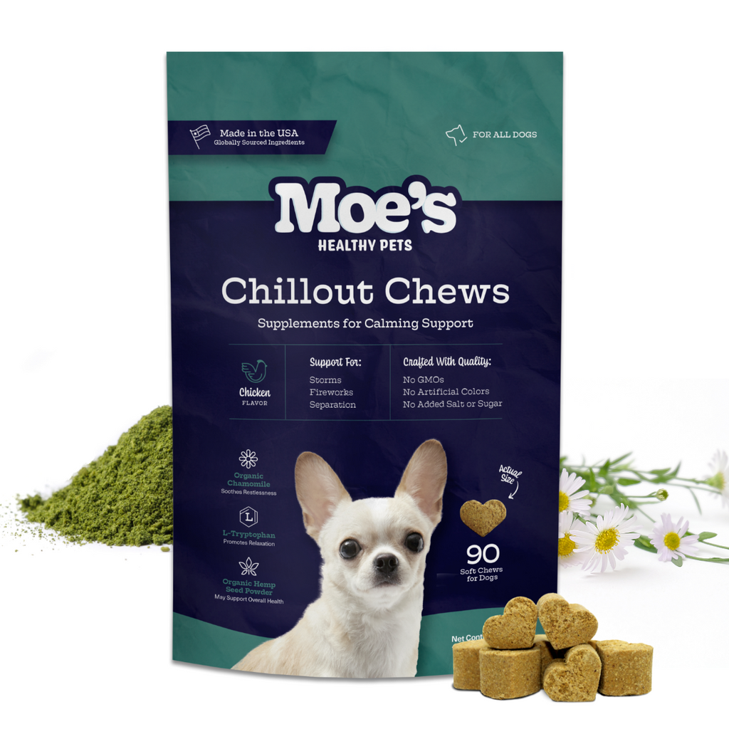 Moe's Chillout Calming Soft Chews for Dogs | Hemp, Chamomile & L-Theanine | Peanut Butter | 90 Chews
