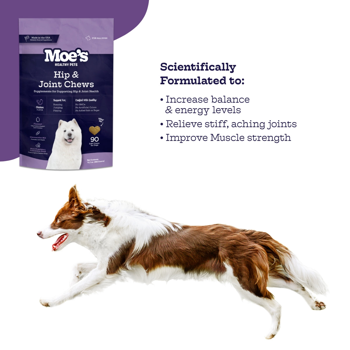 Moe's Hip & Joint Soft Chews for Dogs | 600mg Glucosamine + MSM & Chondroitin | Chicken | 90 Chews