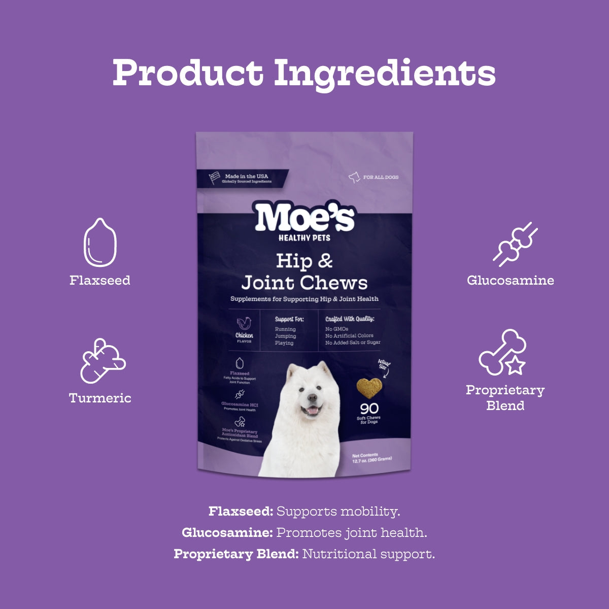 Moe's Hip & Joint Soft Chews for Dogs | 600mg Glucosamine + MSM & Chondroitin | Chicken | 90 Chews