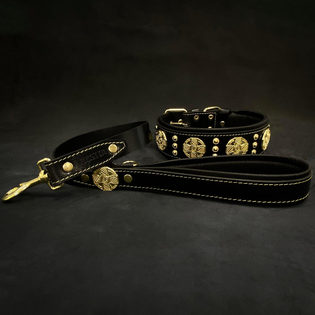 Bestia Maximus Black & Gold Dog Collar | Lamb Leather Padded | Brass Hardware | Handmade in Europe