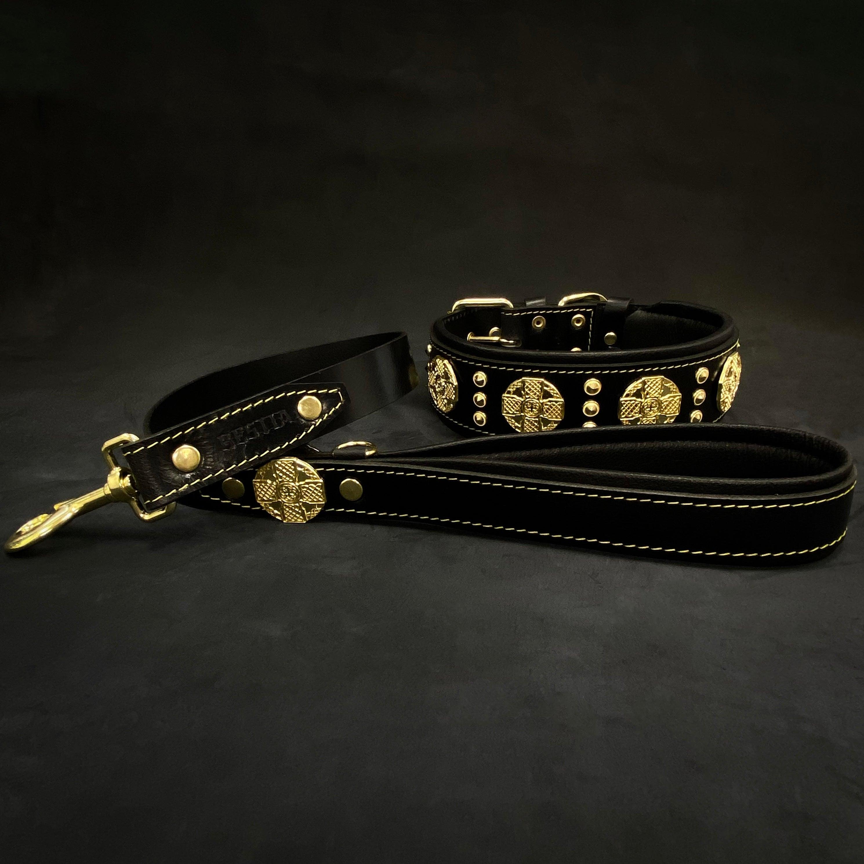Bestia Maximus Black & Gold Dog Collar | Lamb Leather Padded | Brass Hardware | Handmade in Europe