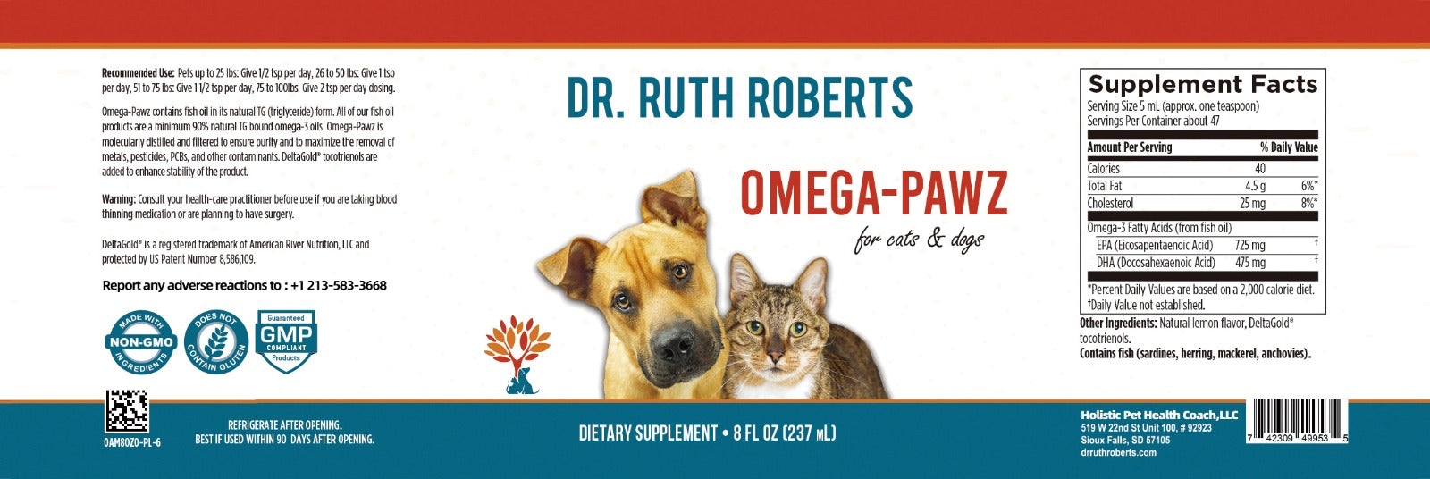 Omega Pawz Fish Oil by Dr. Ruth Roberts | 725mg EPA & 475mg DHA | Liquid Omega-3 for Dogs & Cats | 8oz