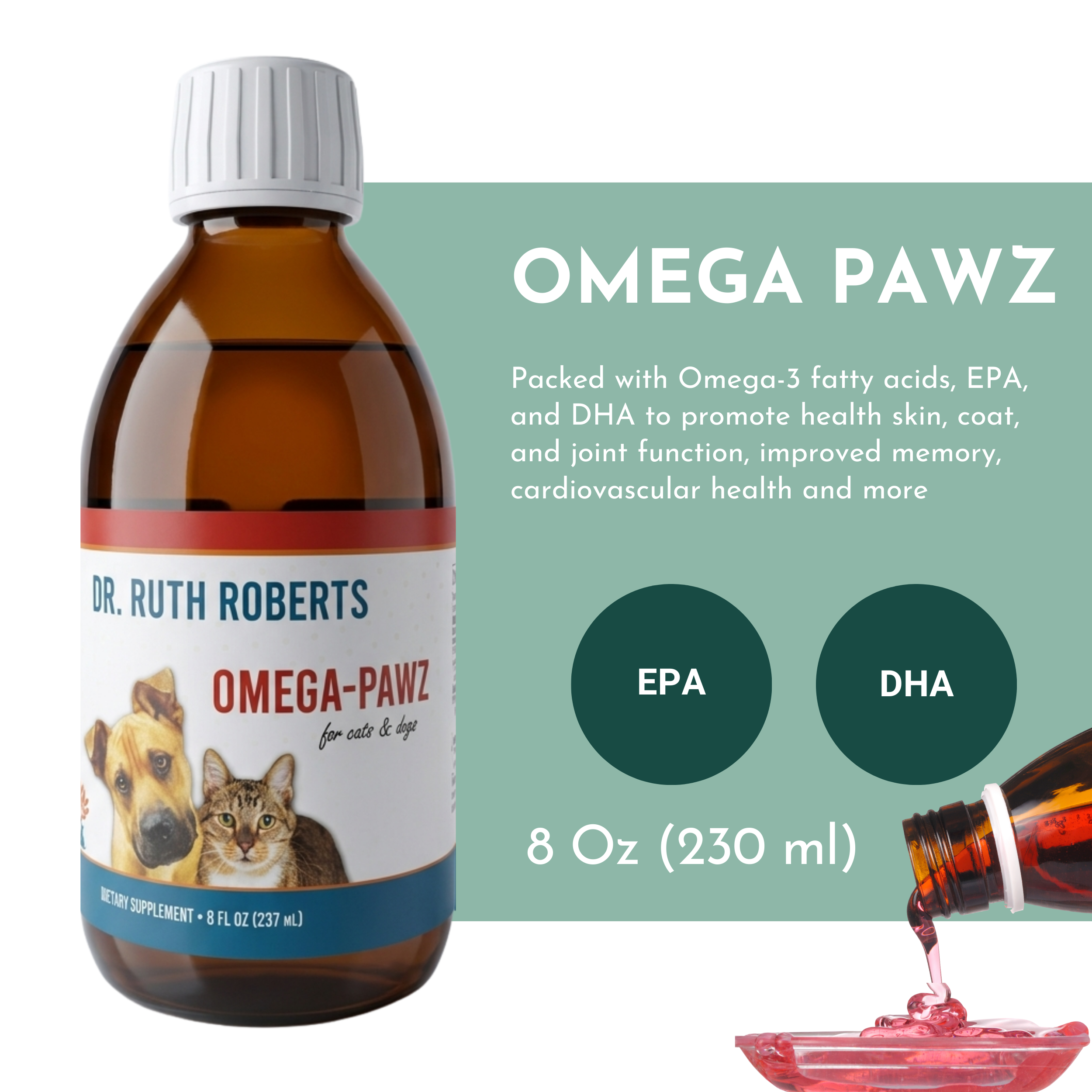 Omega Pawz Fish Oil by Dr. Ruth Roberts | 725mg EPA & 475mg DHA | Liquid Omega-3 for Dogs & Cats | 8oz