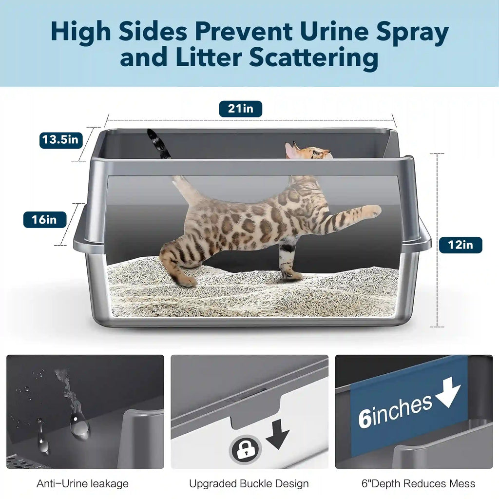 XXL Stainless Steel Cat Litter Box | High Sides, Low Entry | 304 Steel | Multi-Cat & Large Breeds