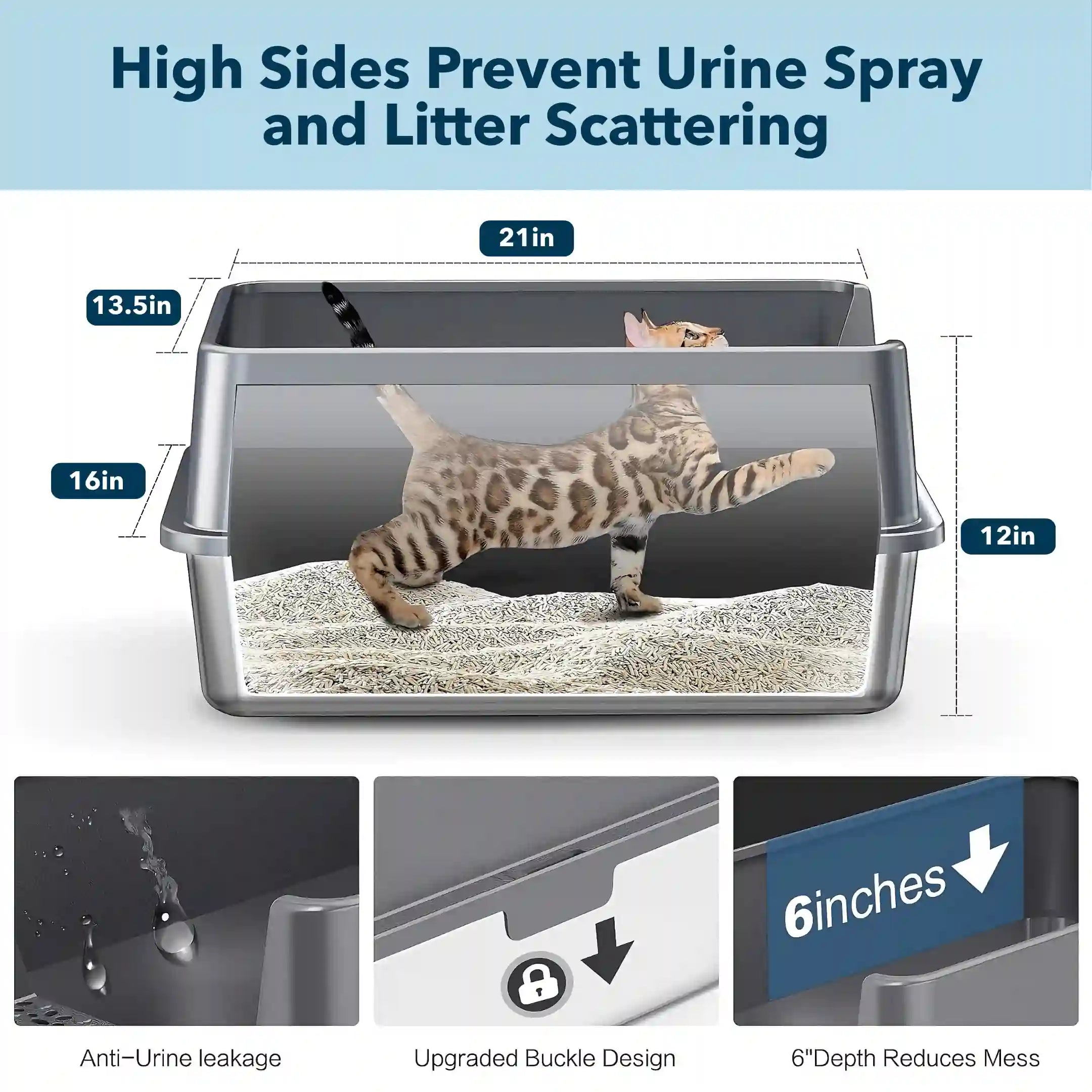 XXL Stainless Steel Cat Litter Box | High Sides, Low Entry | 304 Steel | Multi-Cat & Large Breeds