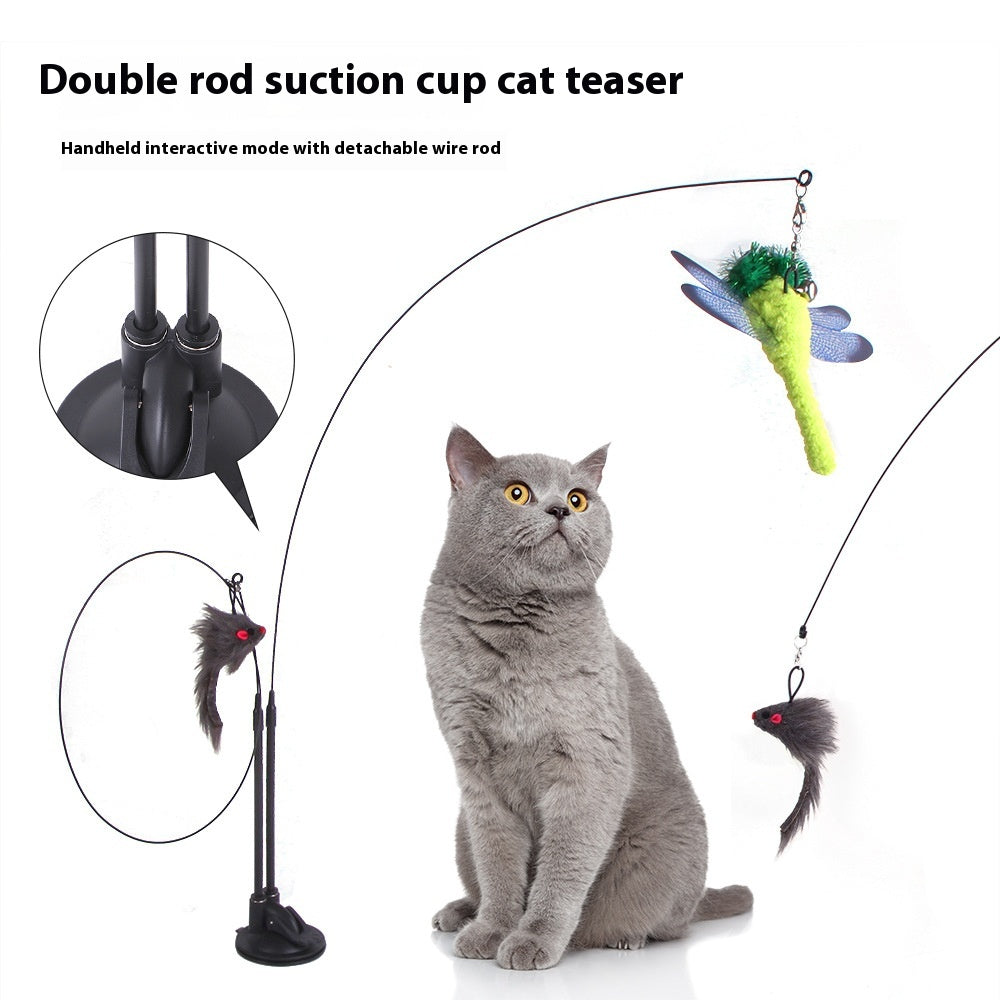 Double Rod Suction Cup Cat Teaser | Hands-Free Interactive Toy | Detachable Handheld Rod | Multiple Lures