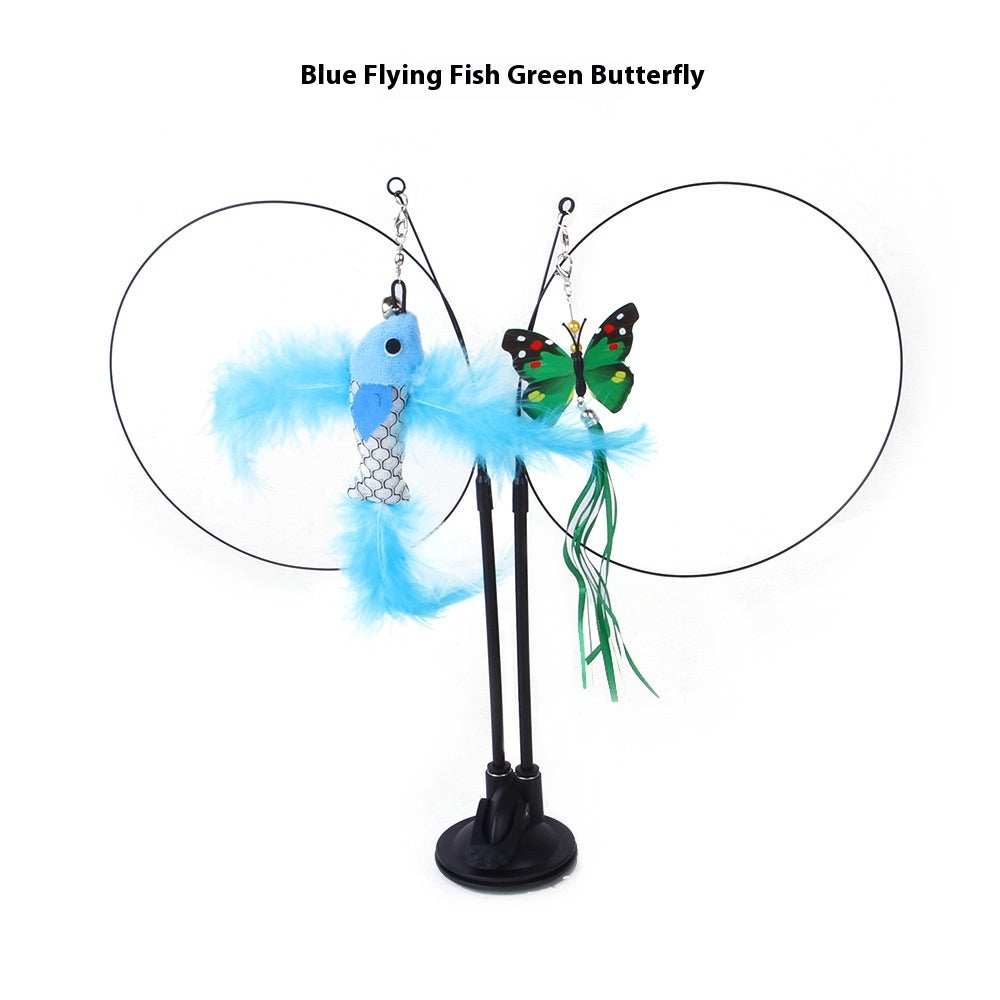 Double Rod Suction Cup Cat Teaser | Hands-Free Interactive Toy | Detachable Handheld Rod | Multiple Lures