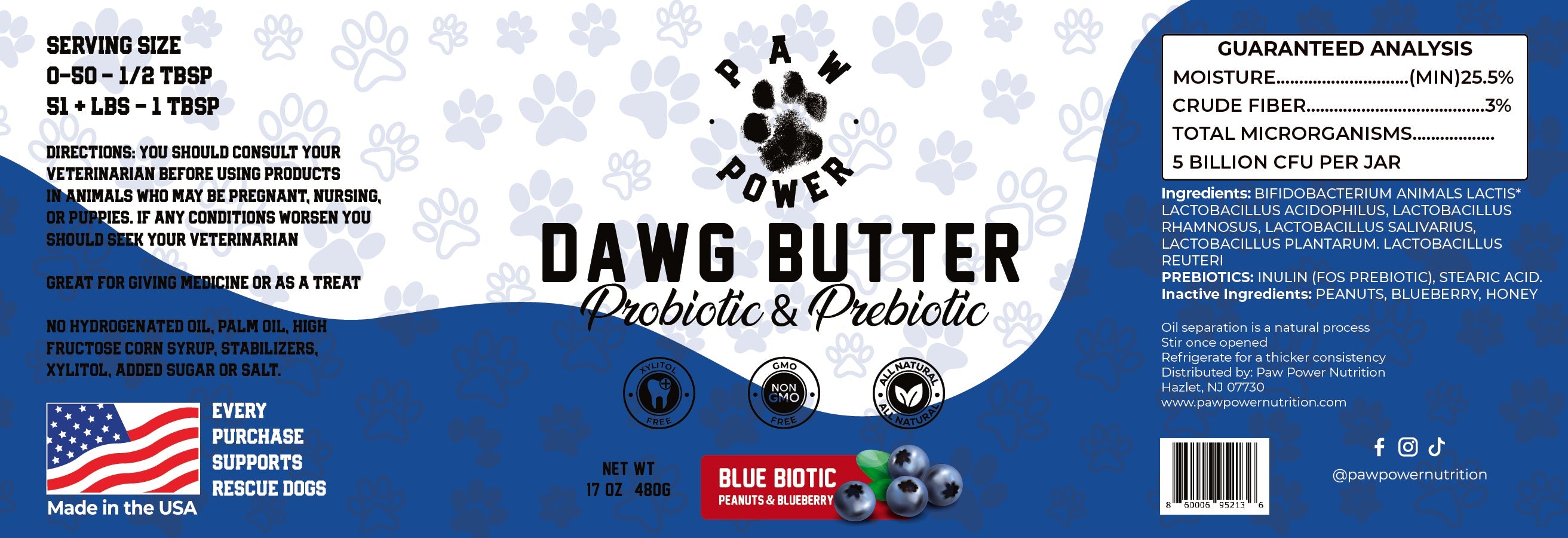 Blue Biotic Dawg Butter | Probiotic Peanut Butter for Dogs | 6 Probiotic Strains + Prebiotics | Xylitol-Free