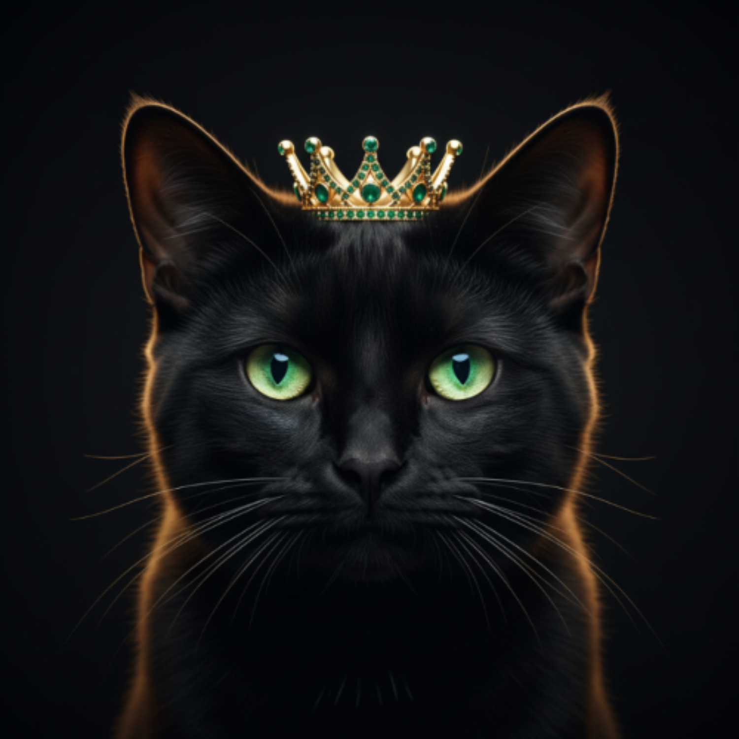 black cat with green eyes wearing a crown