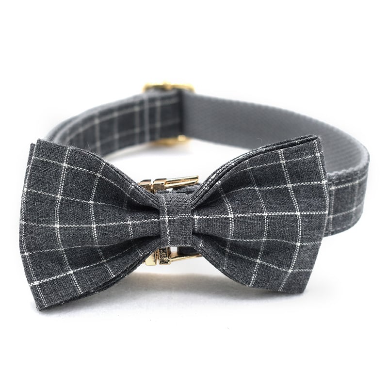 Grey Plaid Dog Collar Set | Collar, Leash & Bow Options | XS–XL | Golden Metal Detail
