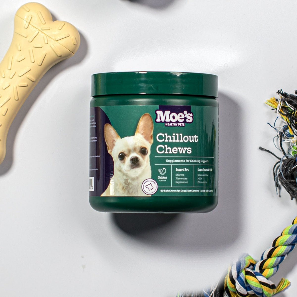 Moe's Chillout Calming Soft Chews for Dogs | Hemp, Chamomile & L-Theanine | Peanut Butter | 90 Chews