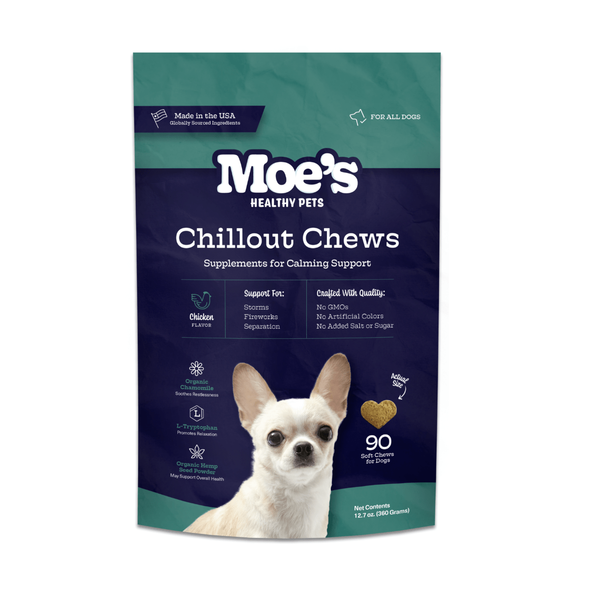 Moe's Chillout Calming Soft Chews for Dogs | Hemp, Chamomile & L-Theanine | Peanut Butter | 90 Chews