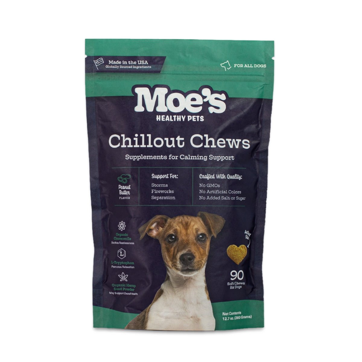 Moe's Chillout Calming Soft Chews for Dogs | Hemp, Chamomile & L-Theanine | Peanut Butter | 90 Chews