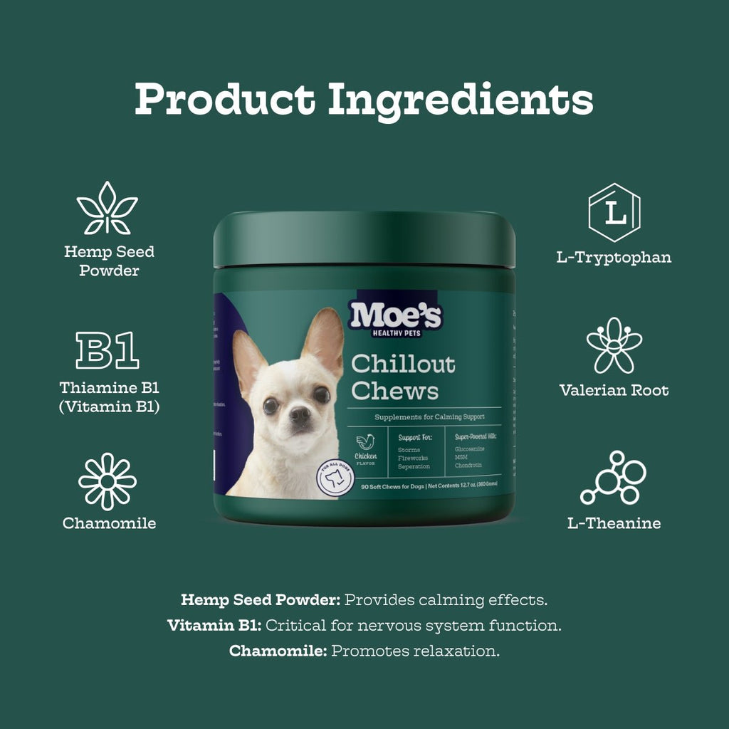 Moe's Chillout Calming Soft Chews for Dogs | Hemp, Chamomile & L-Theanine | Peanut Butter | 90 Chews
