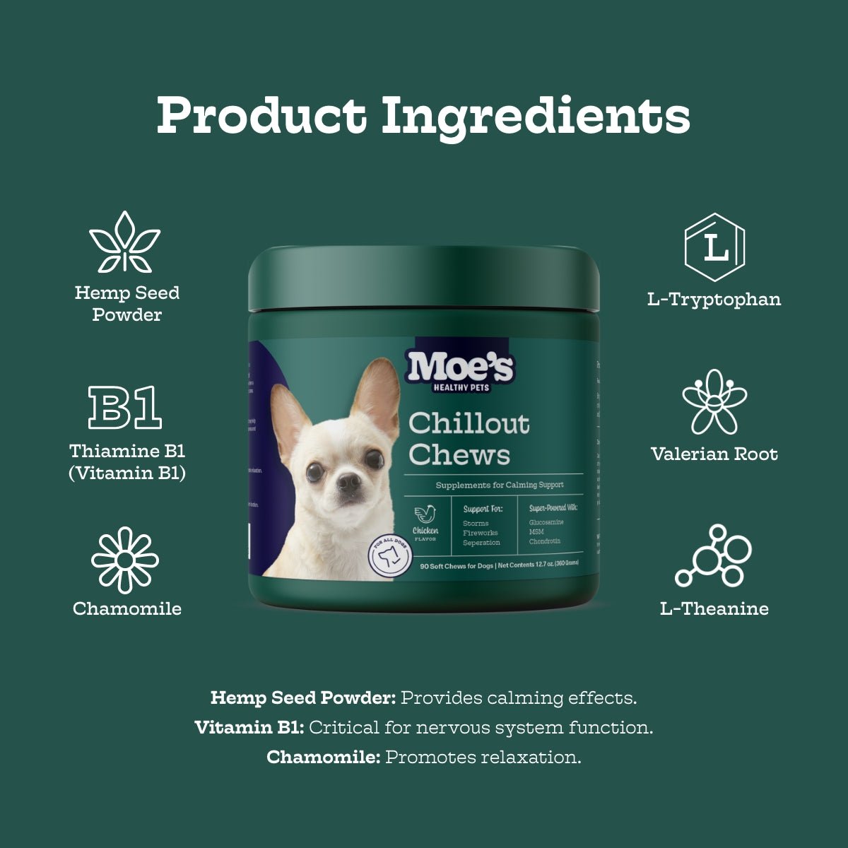 Moe's Chillout Calming Soft Chews for Dogs | Hemp, Chamomile & L-Theanine | Peanut Butter | 90 Chews