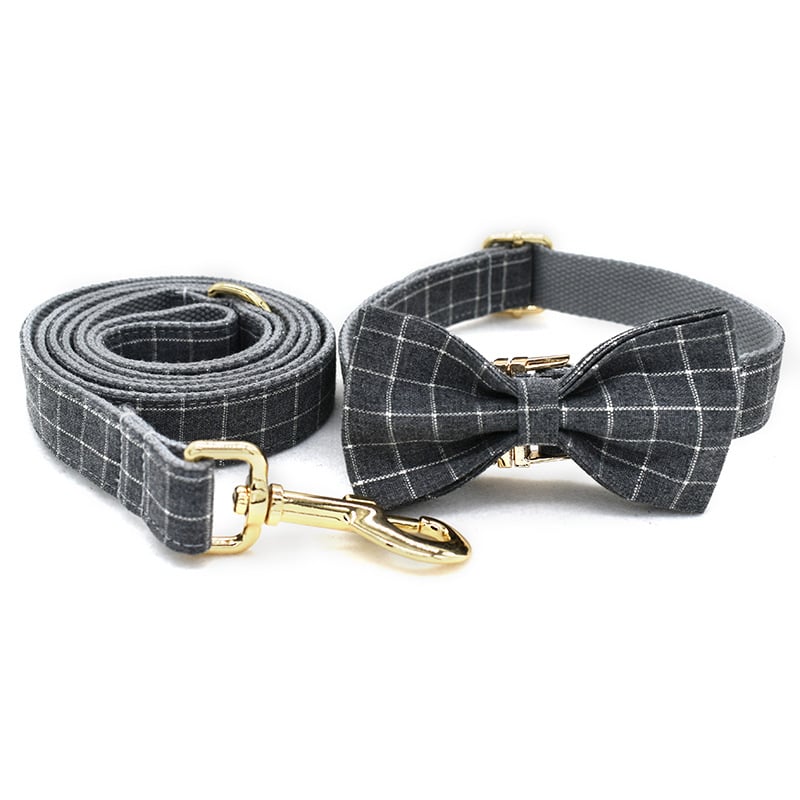 Grey Plaid Dog Collar Set | Collar, Leash & Bow Options | XS–XL | Golden Metal Detail