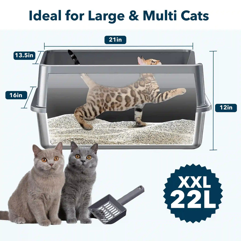 XXL Stainless Steel Cat Litter Box | High Sides, Low Entry | 304 Steel | Multi-Cat & Large Breeds