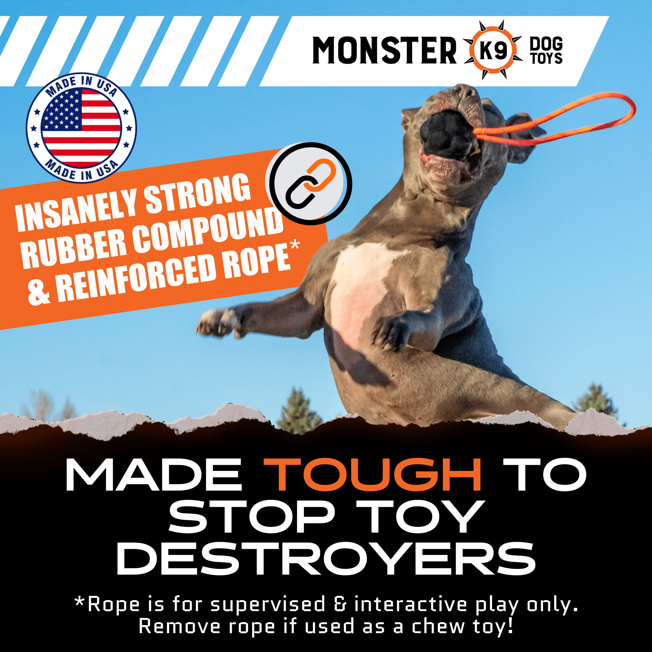 Monster K9 Rope Sling Dog Toy | Military-Grade Rubber | Made in USA | Lifetime Guarantee